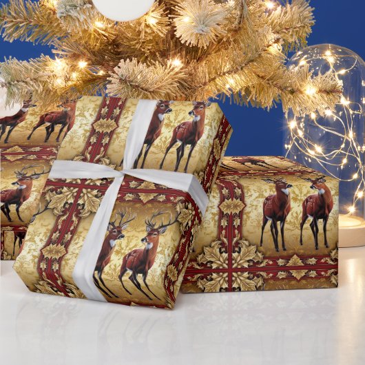 Elegante Red Deer Moose Gold vrolijk kerstpatroon Cadeaupapier (Feestdagen)