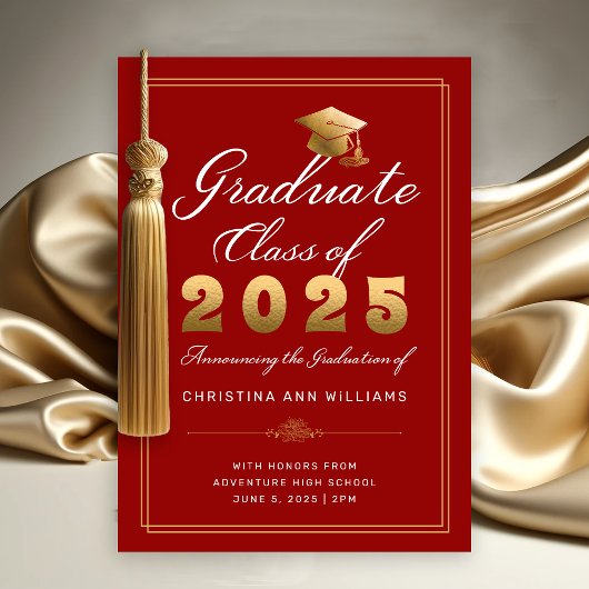 Elegante Red Gold Script Class van 2025 Afstuderen Aankondiging