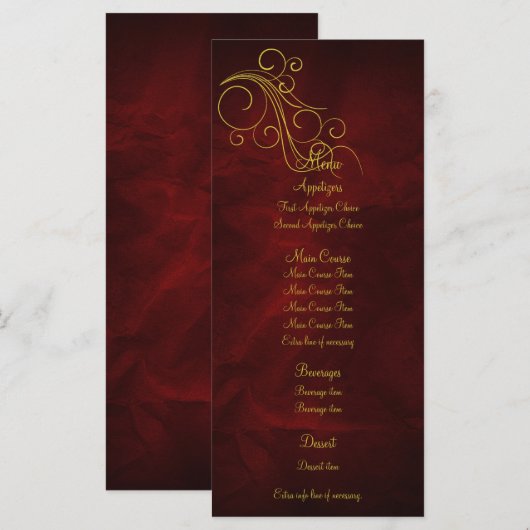 Elegante Red Gold Wedding Menu Rack Kaart (Voorkant / Achterkant)