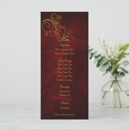 Elegante Red Gold Wedding Menu Rack Kaart (Staand voorkant)