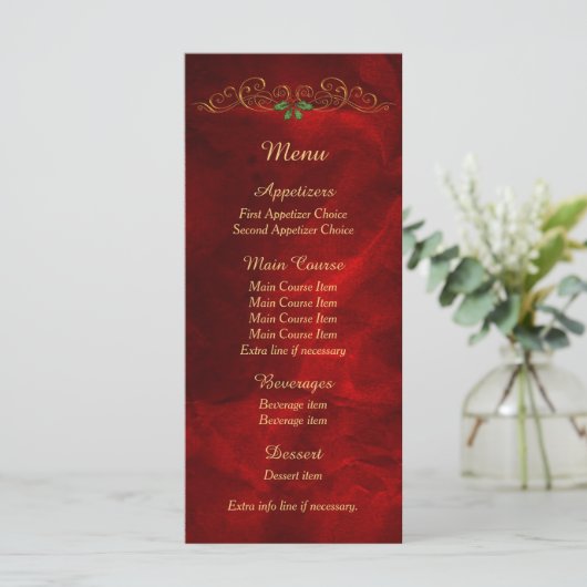 Elegante Red Holly Christmas Wedding Menu (Staand voorkant)