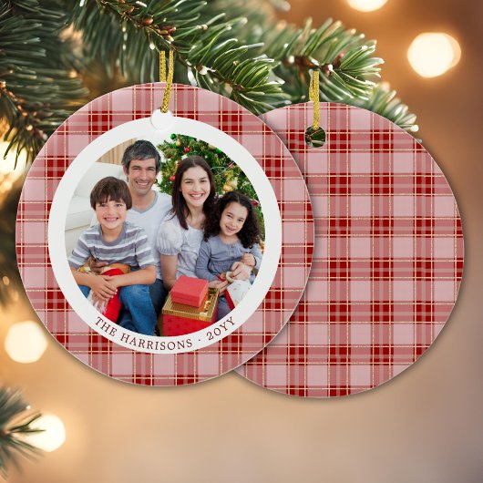 Elegante Red Plaid Familie Kerstfoto Ornament
