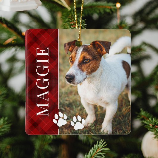 Elegante Red Plaid Pet naam en foto Keramisch Ornament