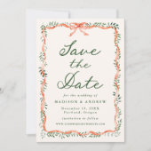 Elegante Red Ribbon Greenery Cream Holiday Wedding Save The Date (Voorkant)