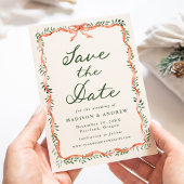 Elegante Red Ribbon Greenery Cream Holiday Wedding Save The Date