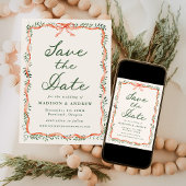 Elegante Red Ribbon Greenery Cream Holiday Wedding Save The Date