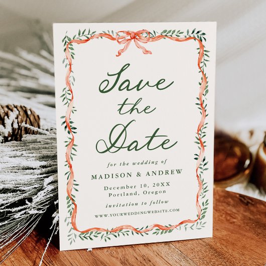 Elegante Red Ribbon Greenery Cream Holiday Wedding Save The Date