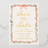 Elegante Red Ribbon Greenery Cream Save the Date Folie Uitnodiging (Voorkant)