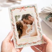 Elegante Red Ribbon Greenery Foto Sla de datum op Folie Uitnodiging