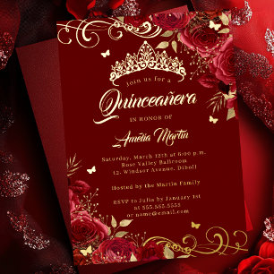 Elegante Red Rose Gold Swirl Quinceanera Folie Uitnodiging