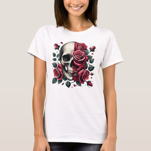 Elegante Red Rose Skull Art T-shirt (Voorkant)