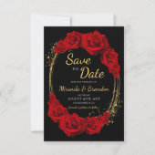 Elegante Red Roses Gold Lijst bruiloft Save the Da Kaart (Voorkant)