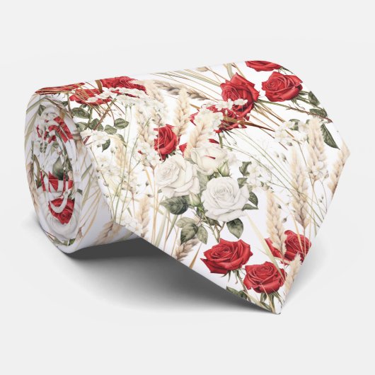 Elegante Red White Roses Botanische Stropdas (Opgerold)