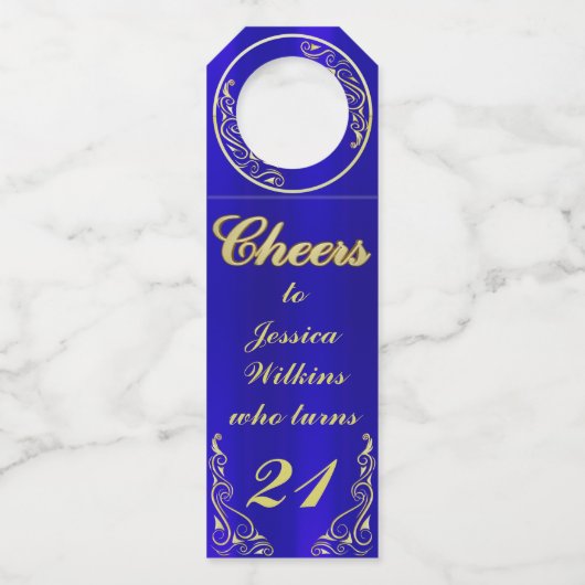Elegante Regal Golden Royal Blue Verjaardag Flessenhanger (Voorkant)