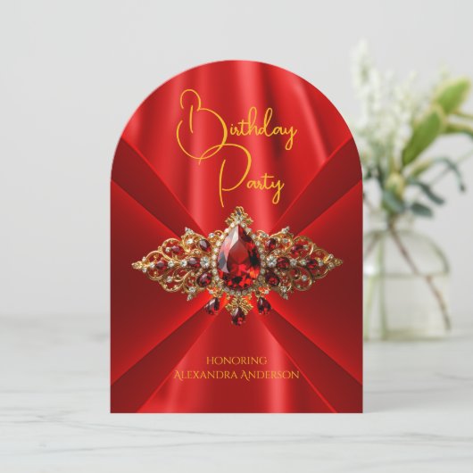 Elegante Regal Red Birthday Gold Jewel Faux Silk Kaart (Staand voorkant)