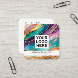 Elegante Regenboog Agate gouden Glitter & QR Code  Vierkante Visitekaartje
