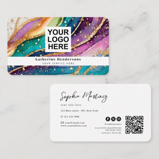 Elegante Regenboog Agate gouden Glitter & QR Code Visitekaartje (Voorkant / Achterkant)