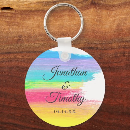 Elegante regenboog bruiloft gepersonaliseerde aand sleutelhanger (Voorkant)