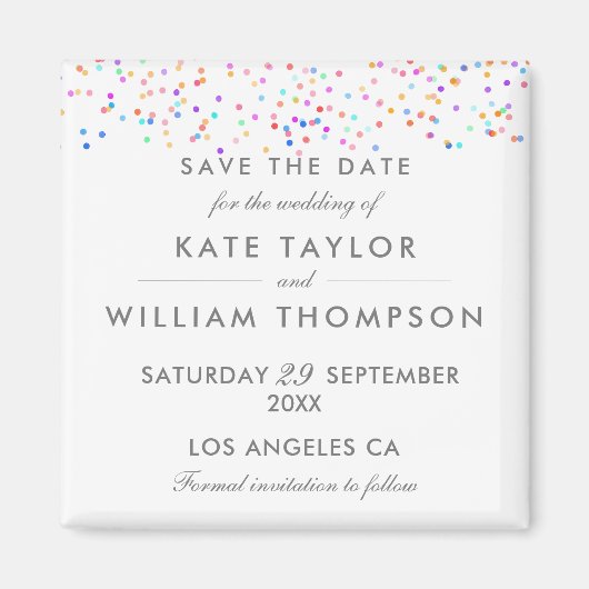 Elegante Regenboog Confetti Save The Date Magneet (Voorkant)