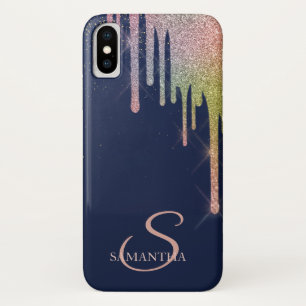 Elegante regenboog glinster druppels, marineblauw Case-Mate iPhone case