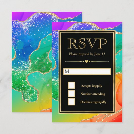 Elegante Regenboog Glitter Agaat en Gouden Bruilof RSVP Kaartje (Voorkant / Achterkant)