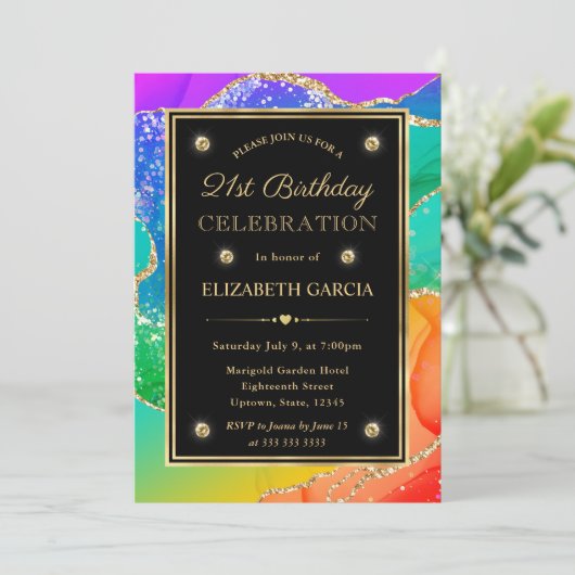 Elegante Regenboog Glitter Agaat & Goud 21e Verjaa Kaart (Staand voorkant)