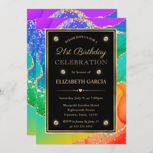 Elegante Regenboog Glitter Agaat & Goud 21e Verjaa Kaart (Voorkant / Achterkant)