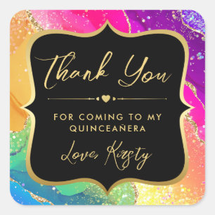 Elegante Regenboog Glitter Agate en Gouden Quincea Vierkante Sticker