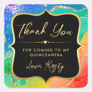 Elegante Regenboog Glitter Agate en Gouden Quincea Vierkante Sticker