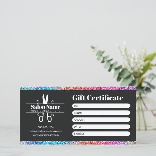 Elegante regenboog glittersalon cadeaubon (Staand voorkant)
