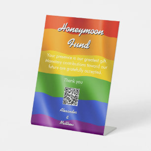 Elegante Regenboog Homohuwelijk Honeymoon Fonds Reclamebord Met Voetstuk
