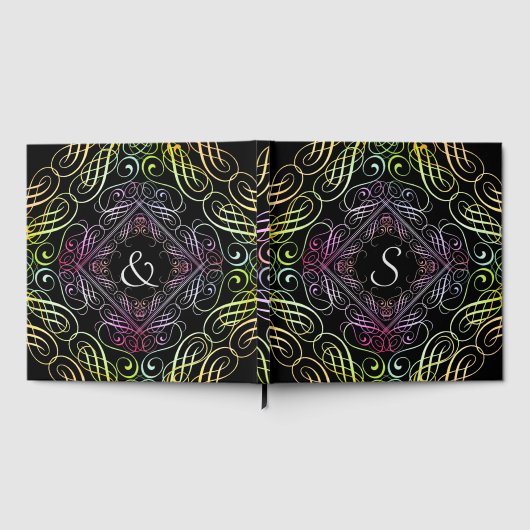 Elegante regenboog scrollwerk schrift op zwart gastenboek (Volledig)