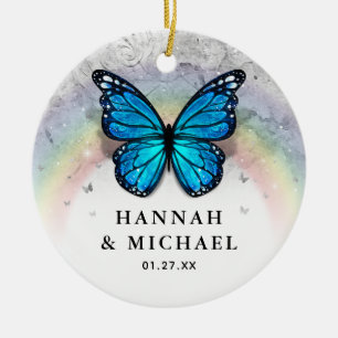 Elegante regenboog Sjabloon Blue Butterfly Wedding Keramisch Ornament