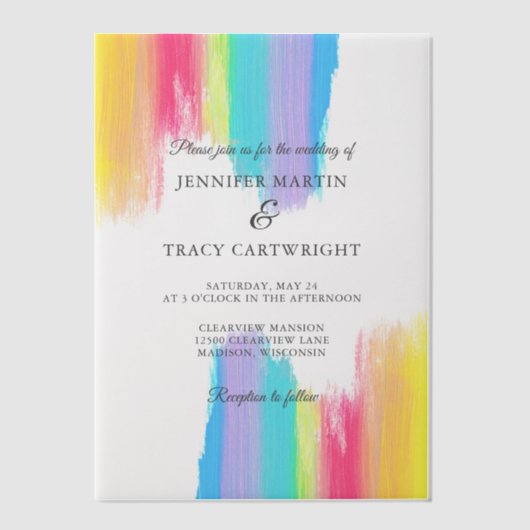 Elegante regenboog Waterverf bruiloft Vellum Uitnodigingen (Voorkant)