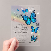 Elegante regenboog zilver en blauwe vlinder bruilo acryl uitnodigingen (Insitu (Draagbaar))