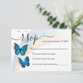 Elegante regenboog zilver en blauwe vlinder bruilo RSVP kaartje (Staand voorkant)