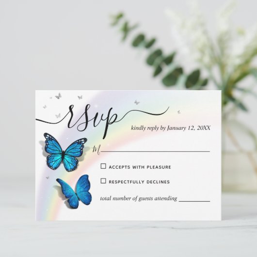 Elegante regenboog zilver en blauwe vlinder bruilo RSVP kaartje (Staand voorkant)