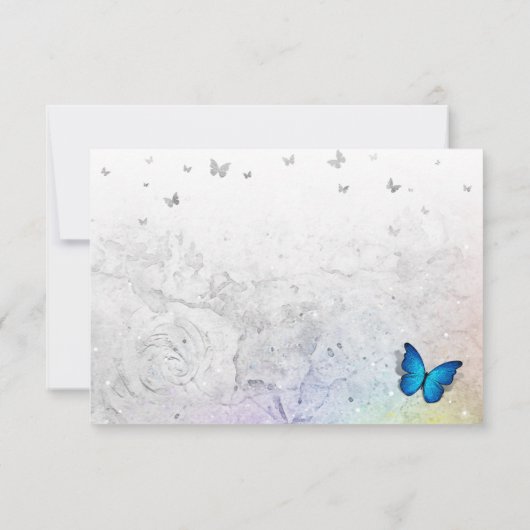 Elegante regenboog zilver en blauwe vlinder bruilo RSVP kaartje (Achterkant)