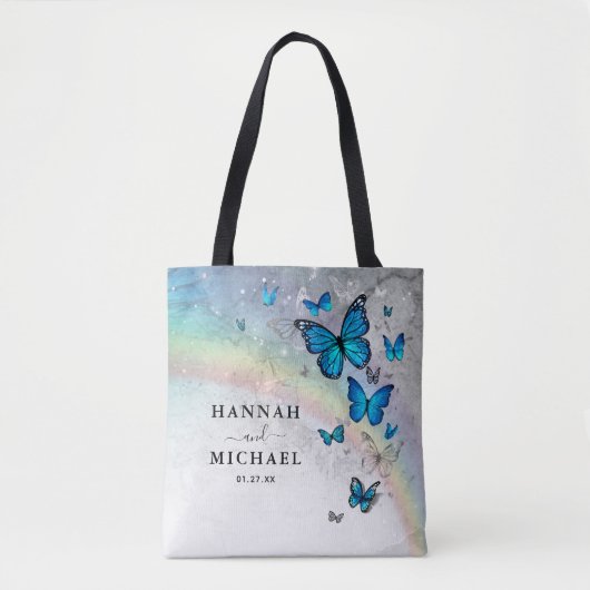 Elegante regenboog zilver en blauwe vlinder bruilo tote bag (Voorkant)