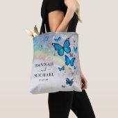 Elegante regenboog zilver en blauwe vlinder bruilo tote bag (Dichtbij)