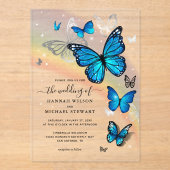 Elegante Regenboog Zilveren en Blauwe Vlinder Brui Acryl Uitnodigingen (Voorkant)