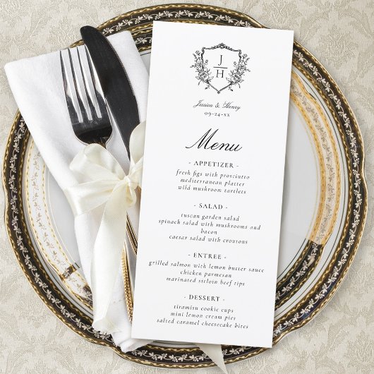Elegante Regency Bloemenkroon Monogram Huwelijk Menu