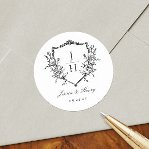 Elegante Regency bloemenkroon Monogram Huwelijk  Ronde Sticker