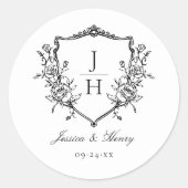 Elegante Regency Floral Crest Monogram Huwelijk Ronde Sticker (Voorkant)