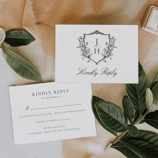 Elegante Regency Floral Crest Monogram Huwelijk RSVP Kaartje