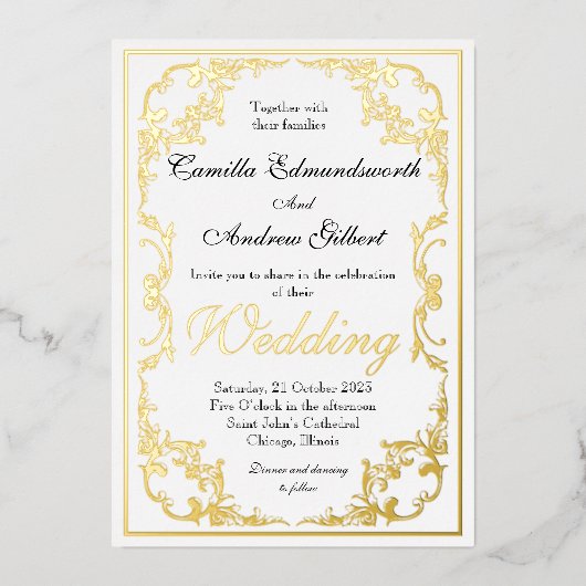 Elegante Regency Gouden Sierrand Trouwdag Folie Uitnodiging (Voorkant)