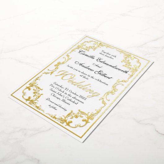 Elegante Regency Gouden Sierrand Trouwdag Folie Uitnodiging (Gedraaid)