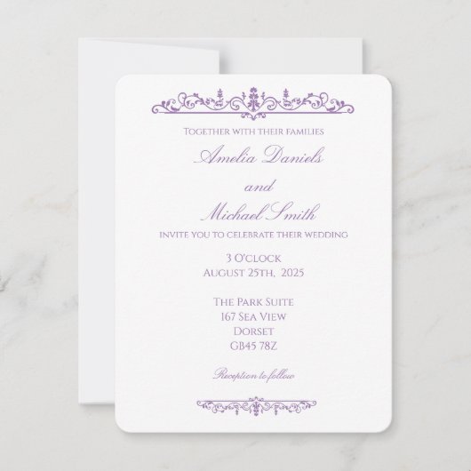 Elegante Regency Paarse en Witte Bruiloft Kaart (Voorkant)