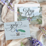 Elegante Regency  Peacock Bruiloft QR Code RSVP Kaartje<br><div class="desc">Deze elegante Regency Era Engelse tuin Bridgerton esthetische bruiloft uitnodiging QR Code RSVP kaart beschikt over een zacht stoffig blauw, tinten van salie groen, en paarse wisteria waterverf bloemenscène en botanische scène, met "Rsvp" wervelkalligrafie script op de voorkant, en "Reply" in meer wervelkalligrafie script, over mooie stoffige blauwe achtergrond, met...</div>