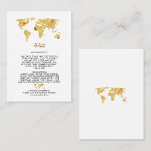 Elegante Reis Gouden Wereldkaart Trouwdetails Informatiekaartje (Voorkant / Achterkant)